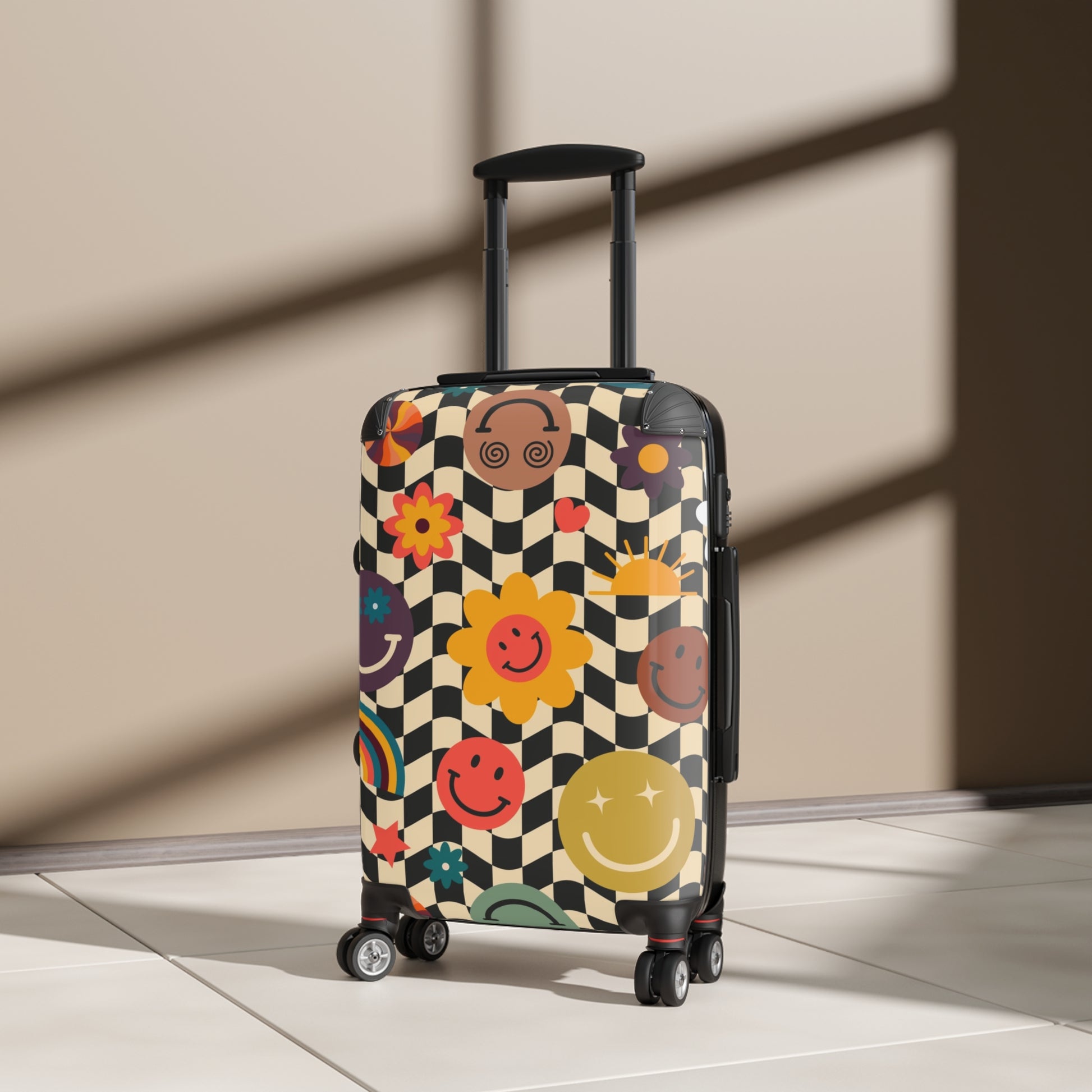 Trippy x Wavy Checkerboard x Smiley Face x Rainbow x Flowers Multi-Color Suitcase, Artsulli - Art is Long, Life is Short, Bags, , , , , , , 