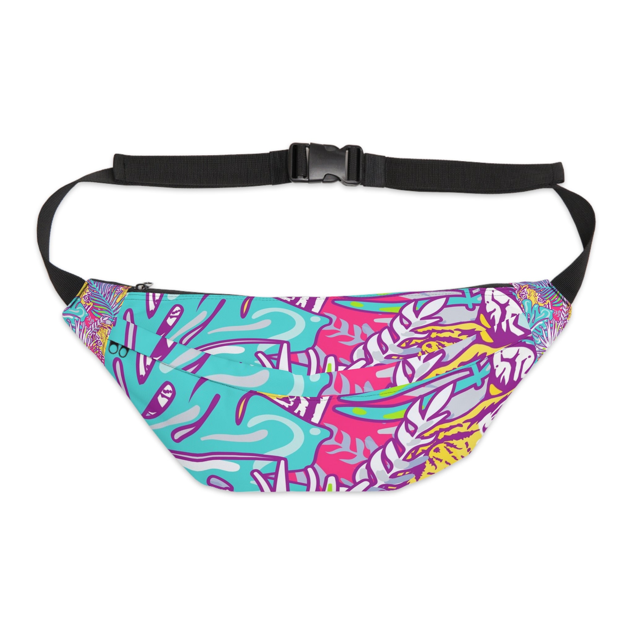 Tropical Floral Tigers Torquise and Purple Large Fanny Pack, Artsulli - Art is Long, Life is Short, Bags, Size, 8" × 9" × 4'', , , , , 14158413843848