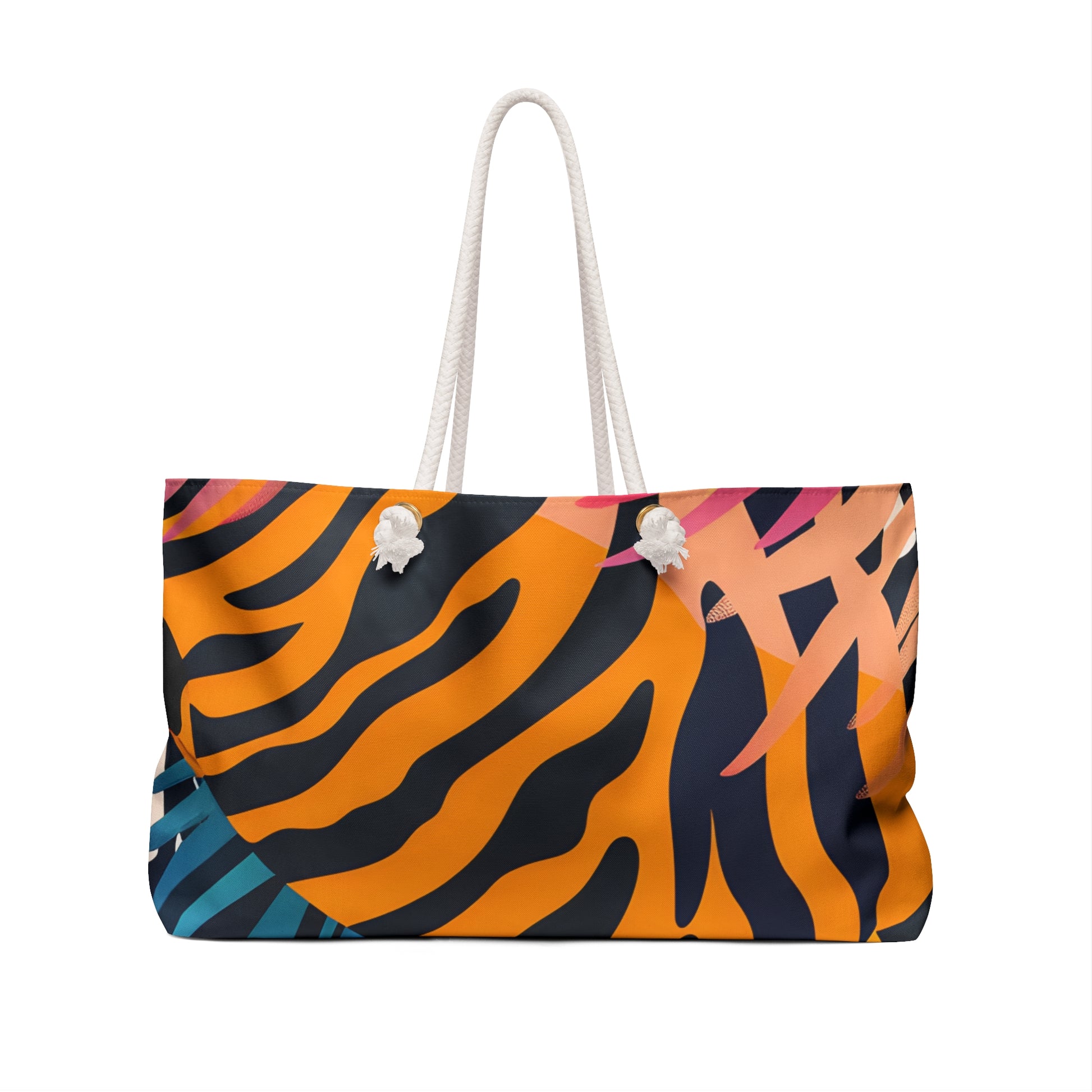 Palm Leaves x Zebra Stripes x Tiger Stripes Orange and Blue  Weekender Bag, Artsulli - Art is Long, Life is Short, Bags, , , , , , , 