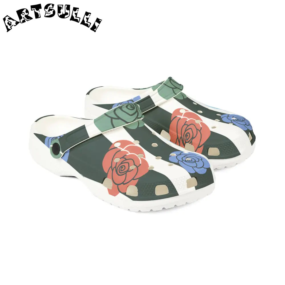 JAKKOUTTHEBXX Stripes x Roses Black and White EVA Foam Rubber Shoes