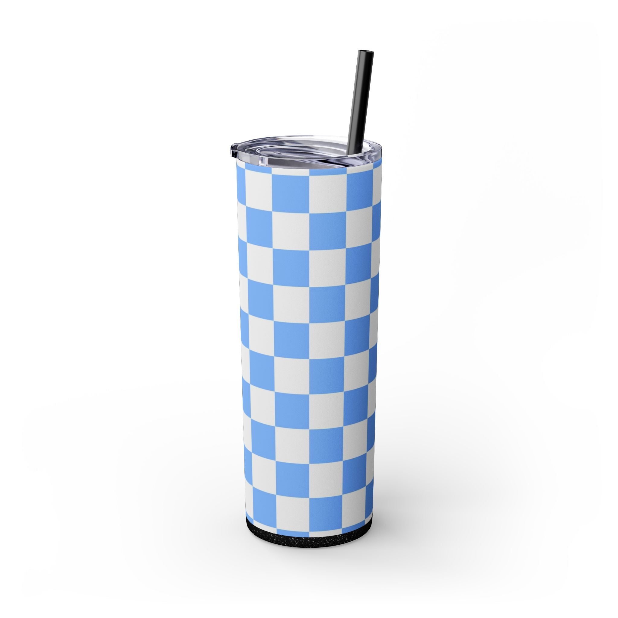 Checkerboard White and Light Blue Skinny Tumbler with Straw, 20oz, Artsulli - Art is Long, Life is Short, Mug, , , , , , , 