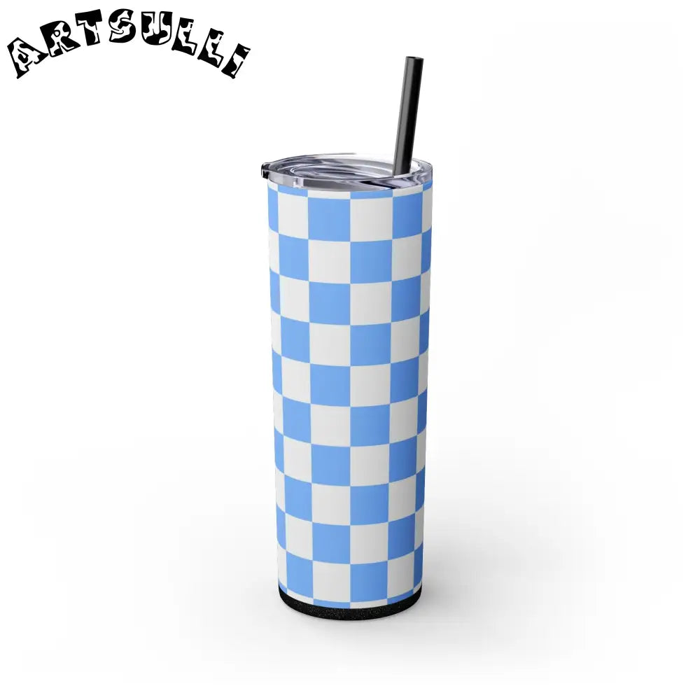 JAKKOUTTHEBXX Checkerboard White and Light Blue Skinny Tumbler