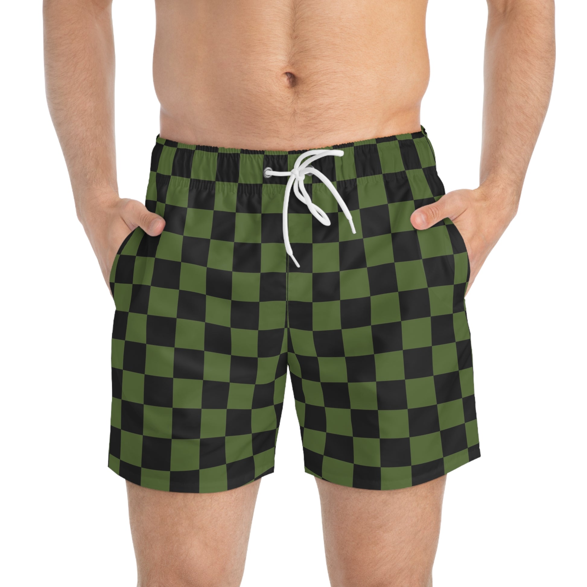 Checkerboard Olive Green and Black Swim Trunks (AOP), Artsulli - Art is Long, Life is Short, All Over Prints, , , , , , , 