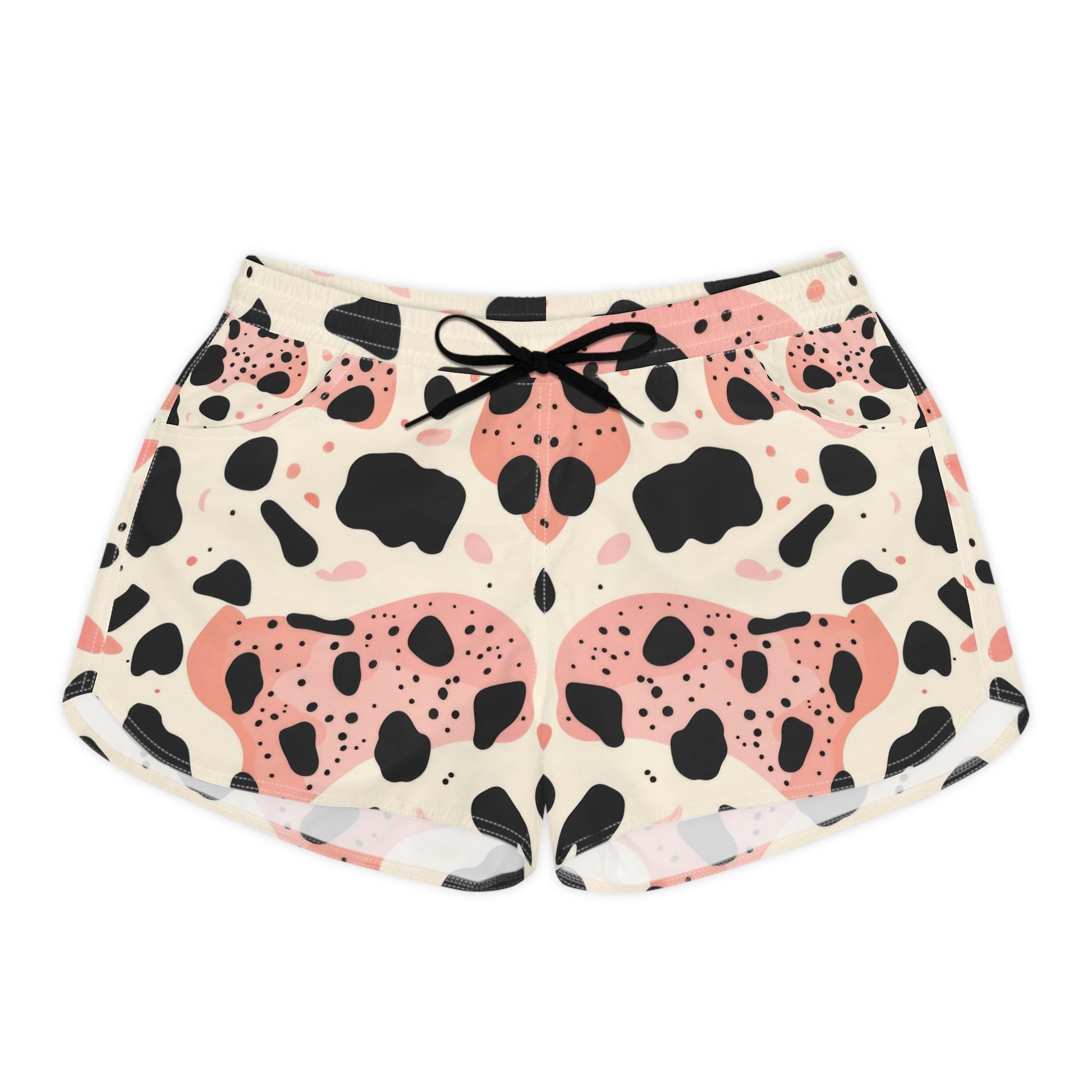 Organic Cow Print Cream and Pink Women's Casual Shorts (AOP), Artsulli - Art is Long, Life is Short, All Over Prints, Size, S, Color, Black drawstring, , , 29467919975311335261