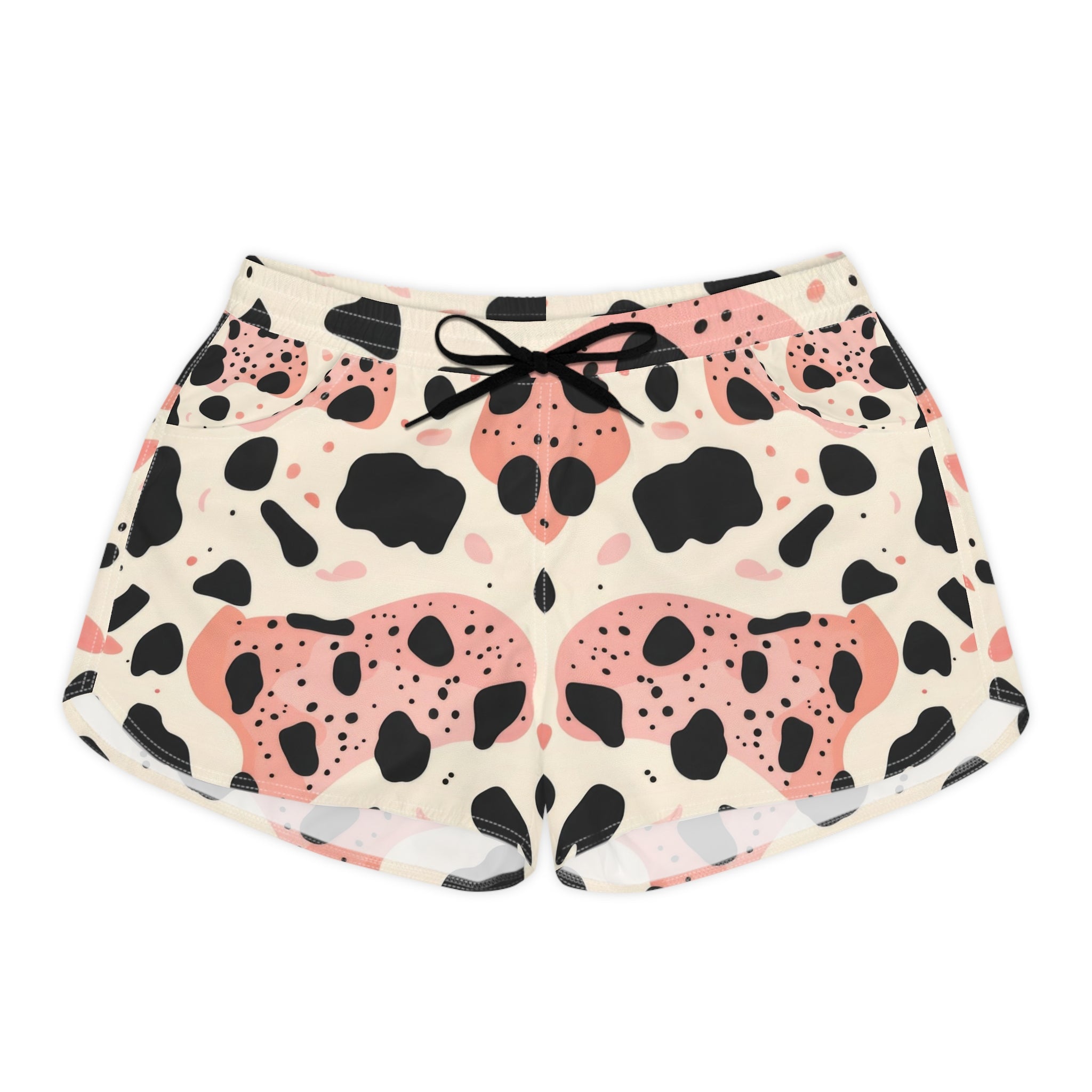 Organic Cow Print Cream and Pink Women's Casual Shorts (AOP), Artsulli - Art is Long, Life is Short, All Over Prints, Size, S, Color, Black drawstring, , , 29467919975311335261