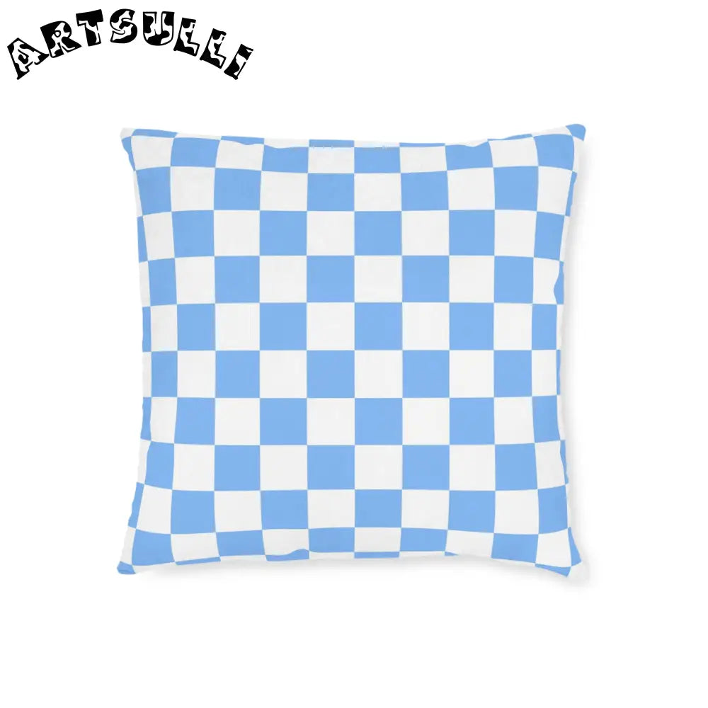 JAKKOUTTHEBXX Checkerboard White and Light Blue Square Pillow