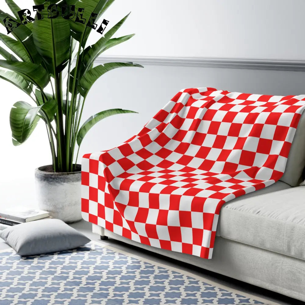 JAKKOUTTHEBXX Checkerboard II Red and White Sherpa Fleece Blanket