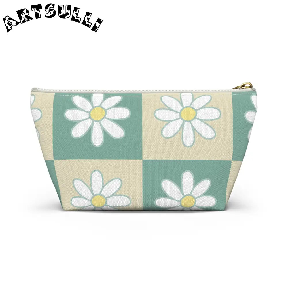 JAKKOUTTHEBXX Retro Daisy Checkerboard Green and Tan Accessory Pouch