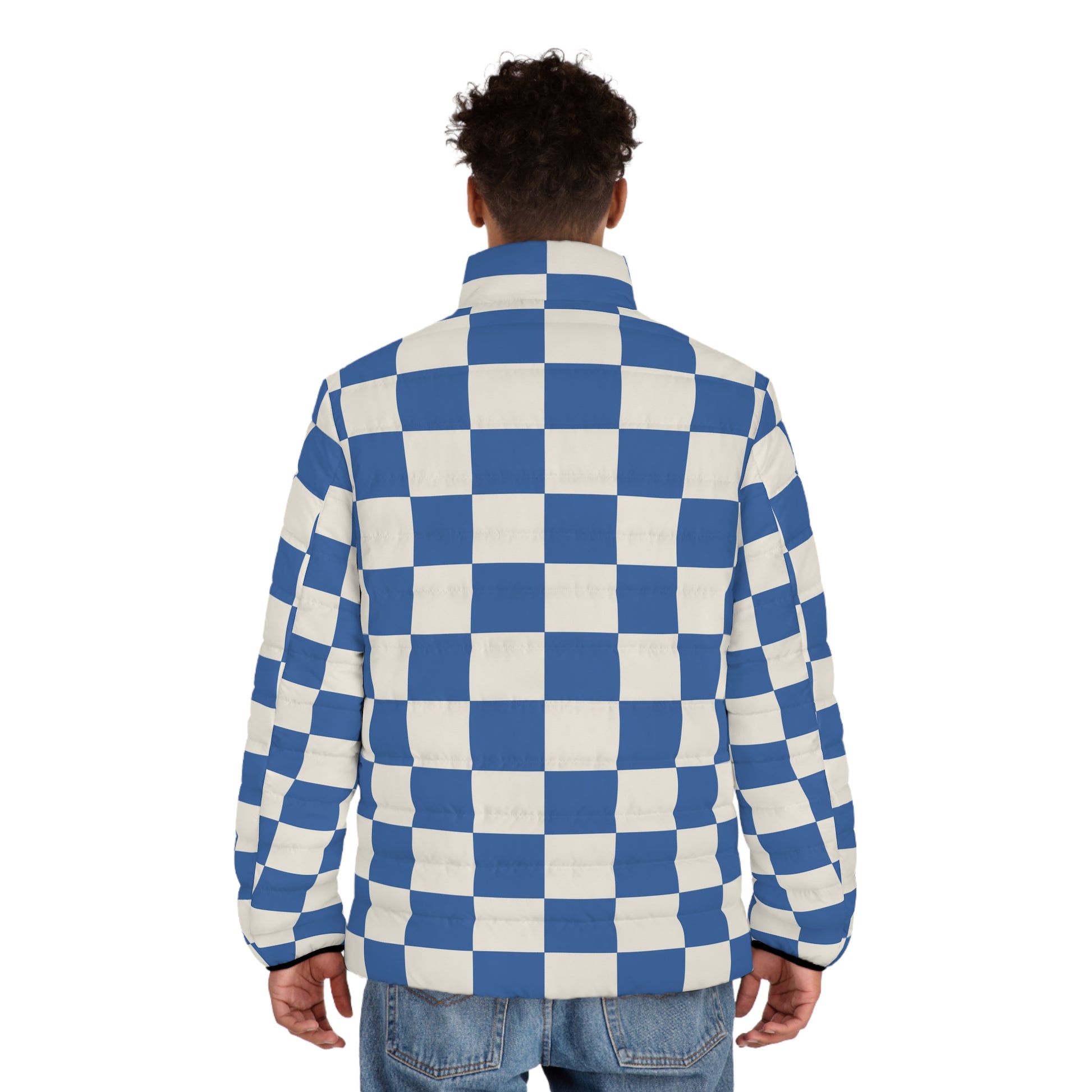 Checkerboard Blue Men's Puffer Jacket (AOP), Artsulli - Art is Long, Life is Short, All Over Prints, , , , , , , 