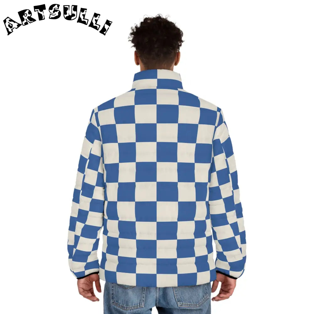 JAKKOUTTHEBXX Checkerboard Blue Men’s Puffer Jacket (AOP)