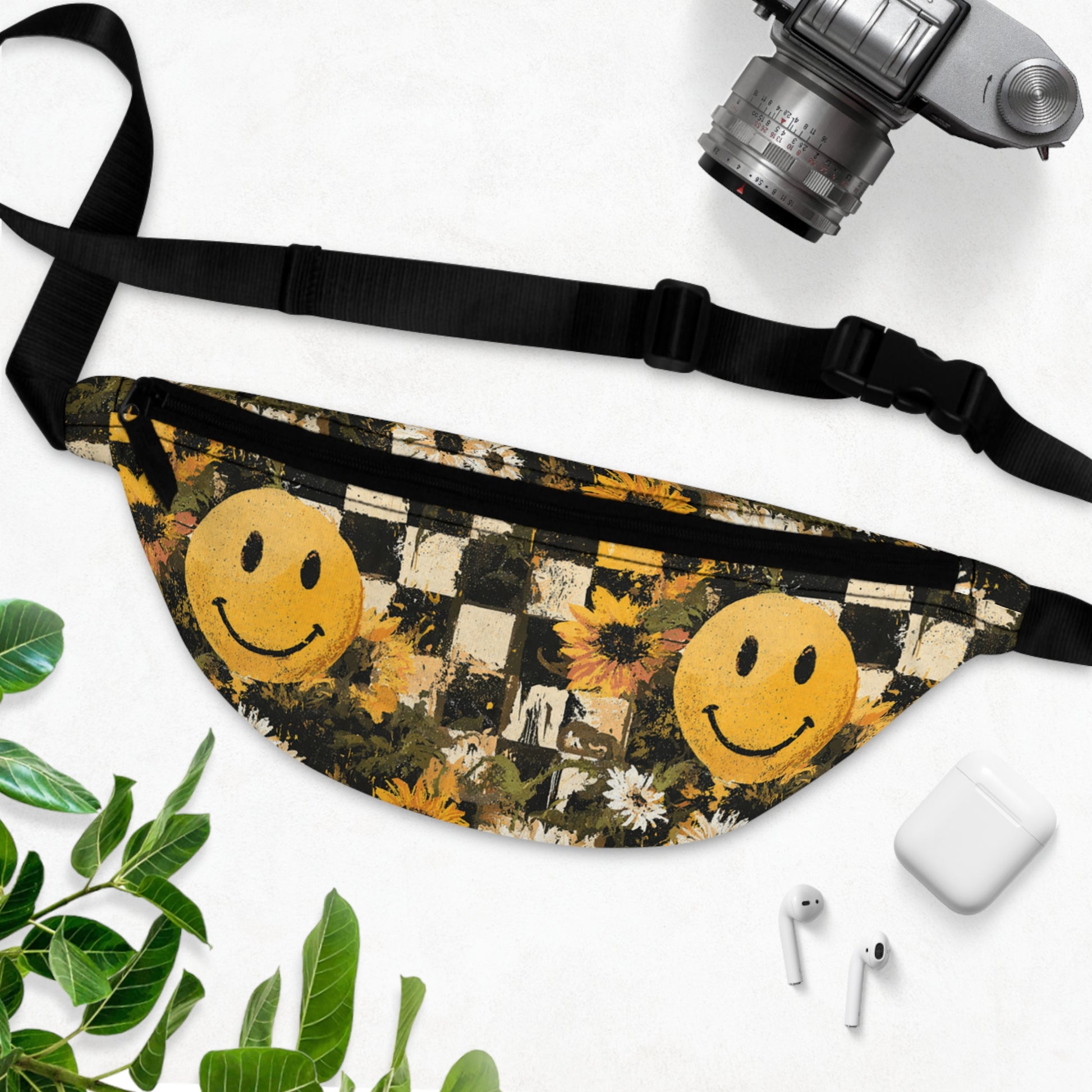 Smiley Face x Checkerboard x Sunflowers x Trippy x Vintage Black and Yellow Fanny Pack, Artsulli - Art is Long, Life is Short, Bags, , , , , , , 