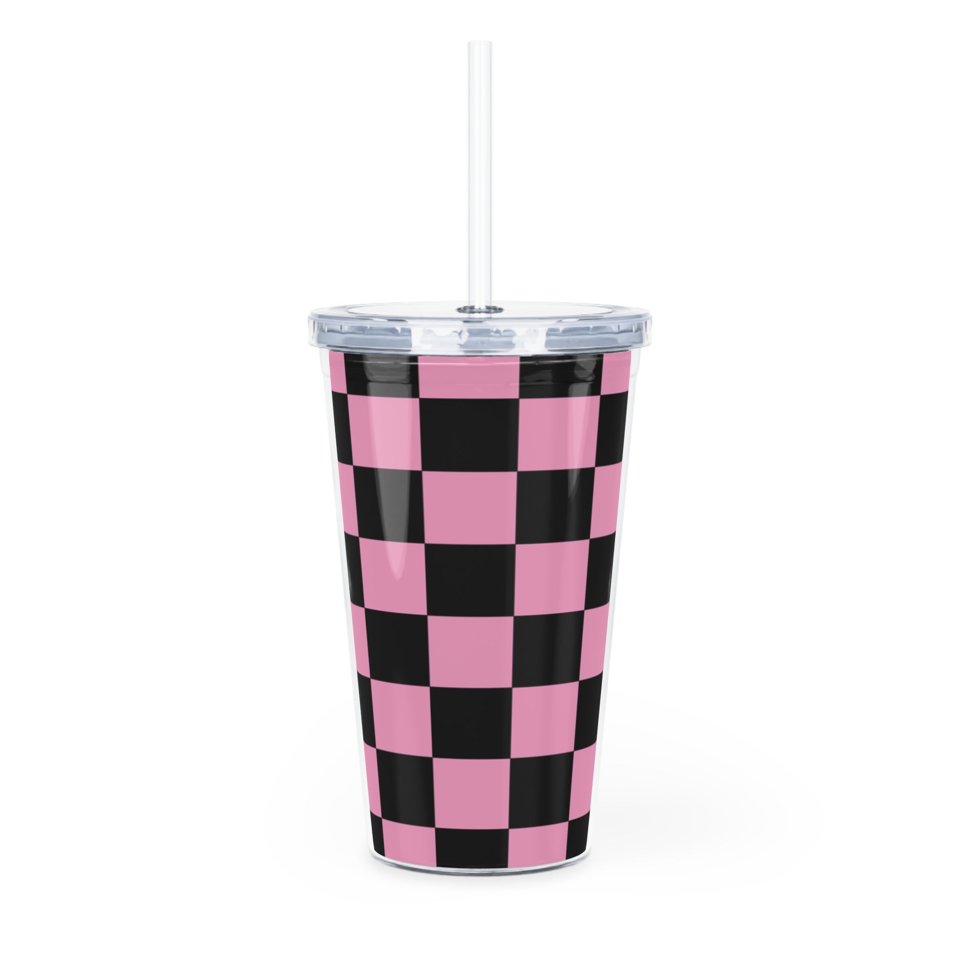 Checkerboard Black and Pink Plastic Tumbler with Straw, Artsulli - Art is Long, Life is Short, Mug, , , , , , , 