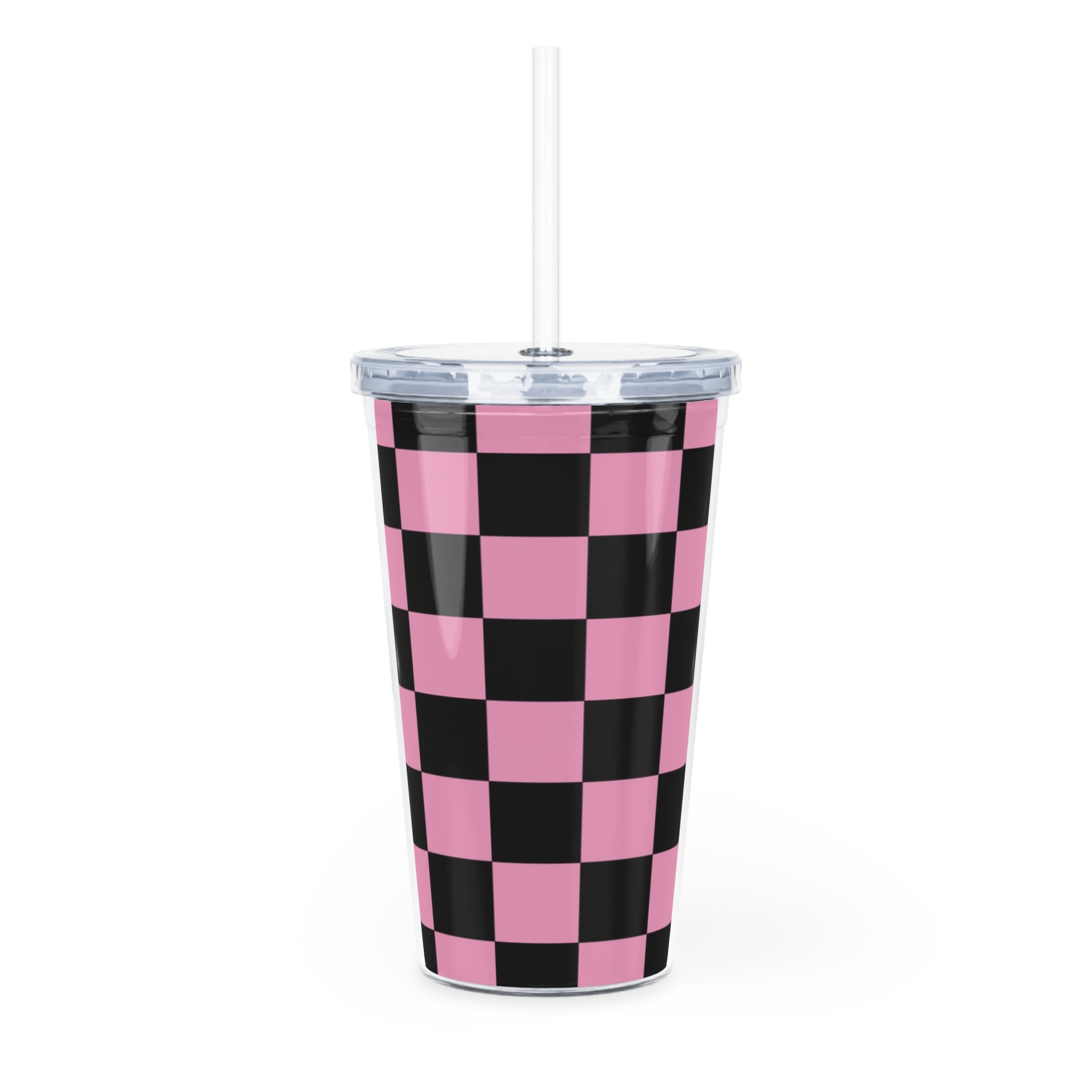 Checkerboard Black and Pink Plastic Tumbler with Straw, Artsulli - Art is Long, Life is Short, Mug, , , , , , , 