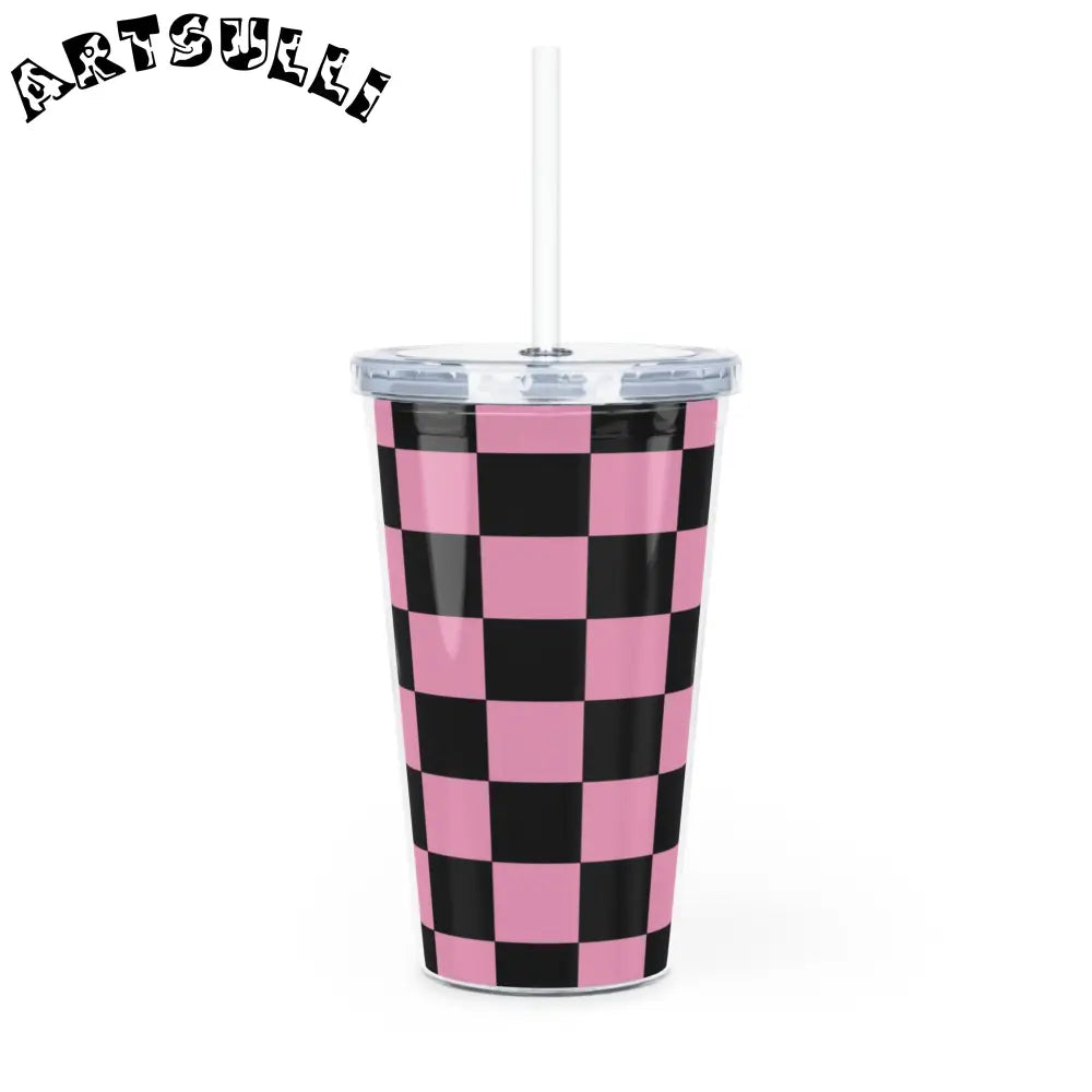 JAKKOUTTHEBXX Checkerboard Black and Pink Plastic Tumbler with Straw