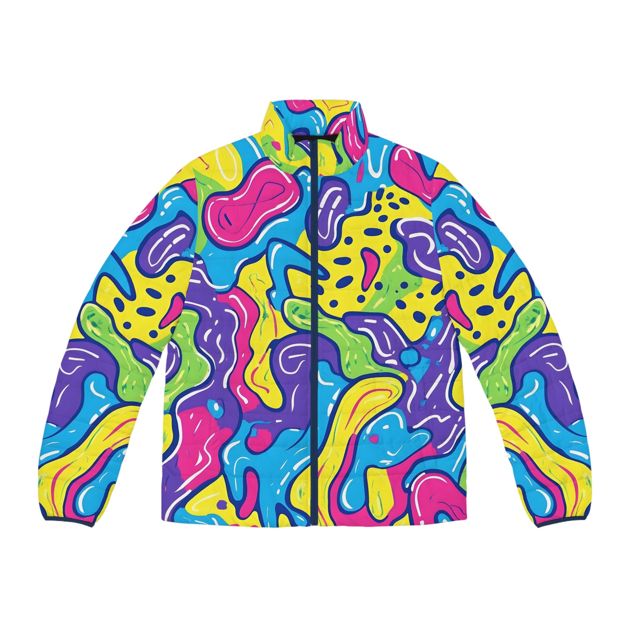 90s Trippy Slime Men's Puffer Jacket (AOP), Artsulli - Art is Long, Life is Short, All Over Prints, Size, S, Color, Dark blue zipper, , , 27981059417483455098