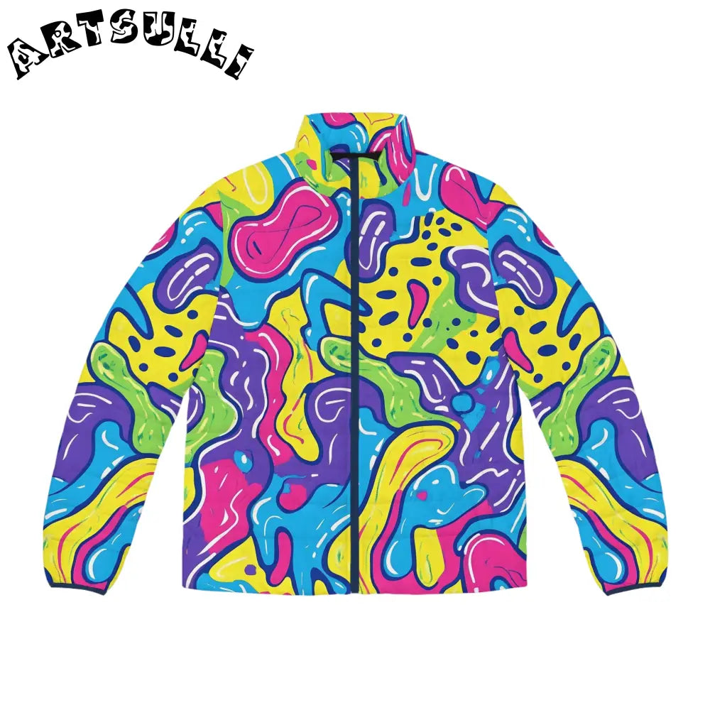 90s Trippy Slime Men's Puffer Jacket (AOP), Artsulli - Art is Long, Life is Short, All Over Prints, Size, S, Color, Dark blue zipper, , , 27981059417483455098
