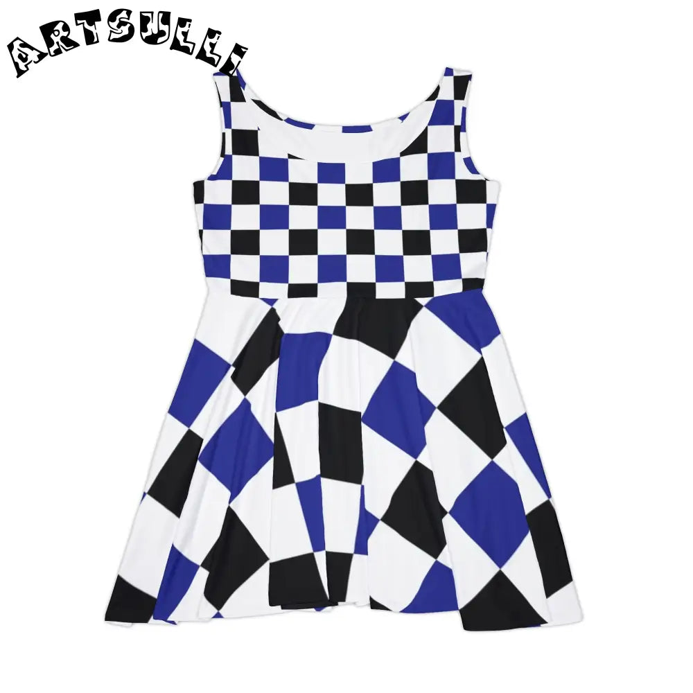 JAKKOUTTHEBXX Checkerboard Blue White and Black Women’s Skater Dress