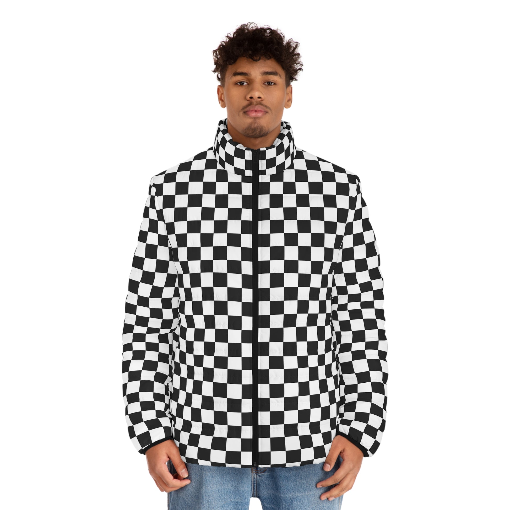 Checkerboard White and Black Men's Puffer Jacket (AOP), Artsulli - Art is Long, Life is Short, All Over Prints, , , , , , , 