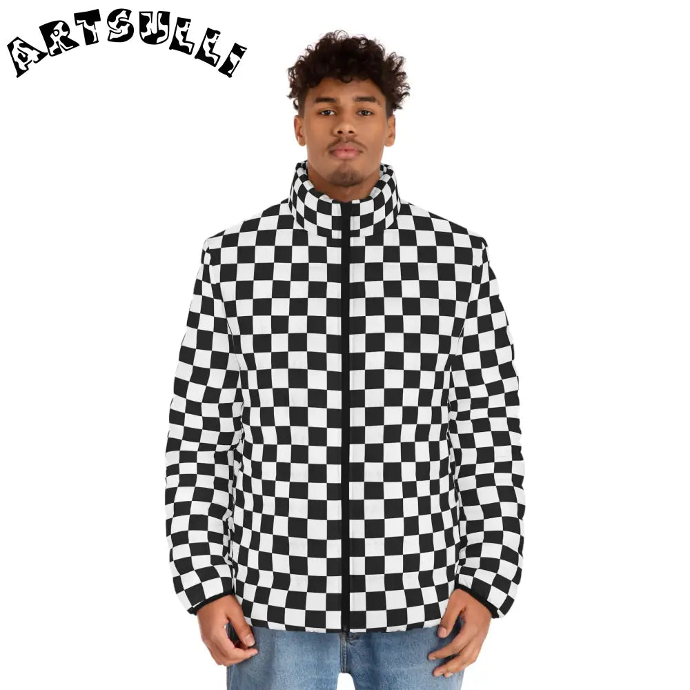 JAKKOUTTHEBXX Checkerboard White and Black Men’s Puffer Jacket (AOP)