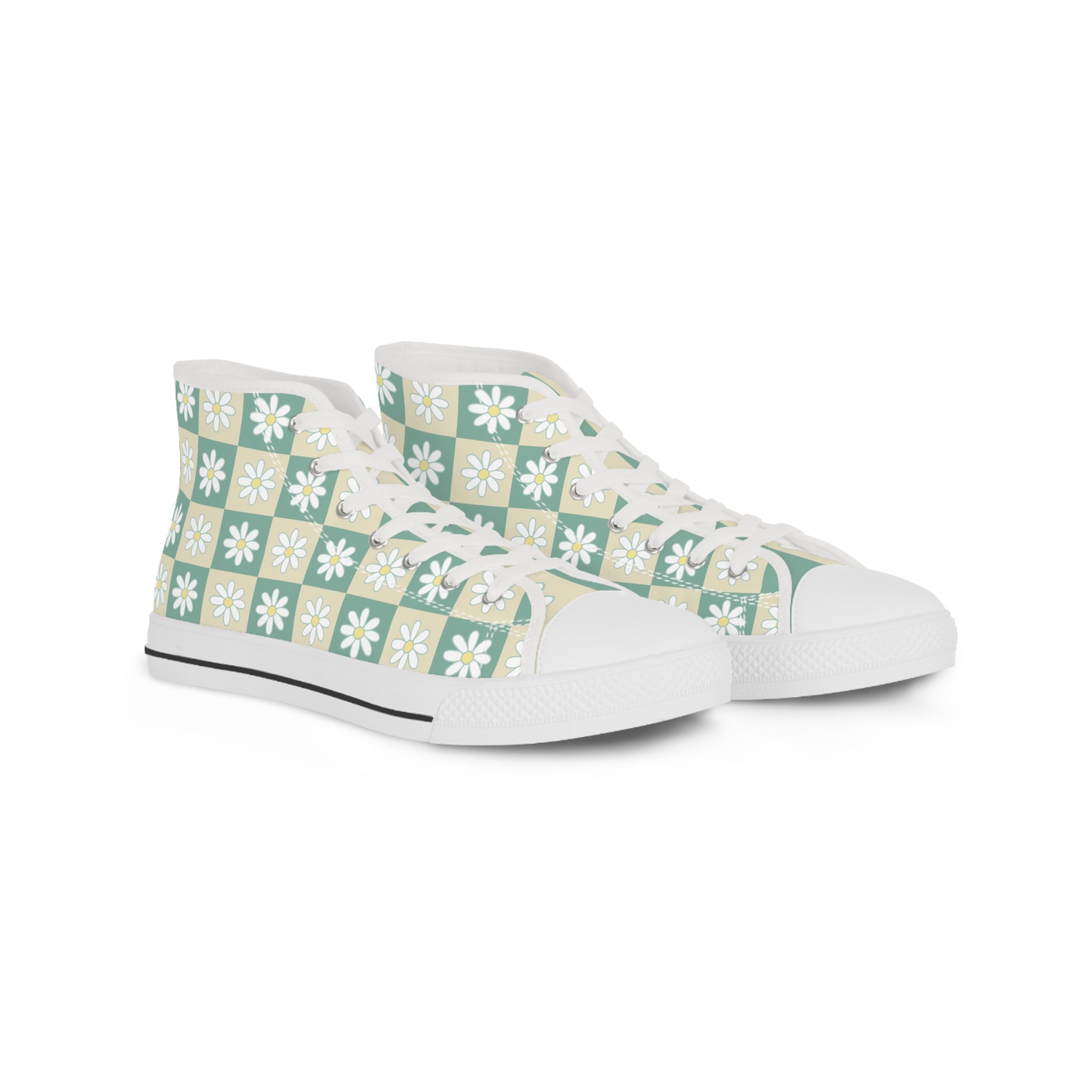 Retro Daisy Checkerboard Green and Tan Men's High Top Sneakers, Artsulli - Art is Long, Life is Short, Shoes, Size, US 5, Color, White sole, , , 11342086868678978136