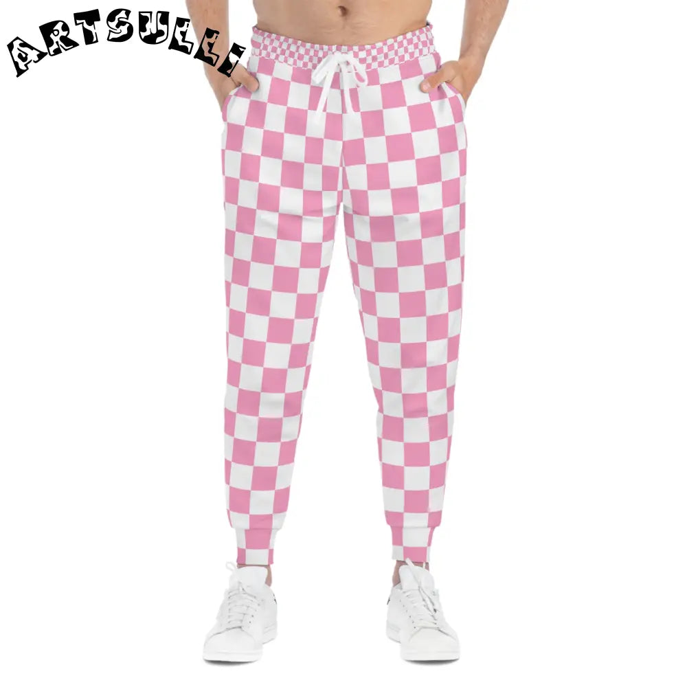 JAKKOUTTHEBXX Checkerboard Hot Pink and White Athletic Joggers (AOP)