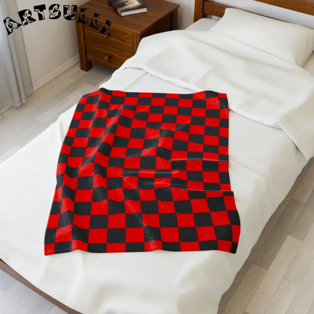 JAKKOUTTHEBXX Checkerboard Red and Black Velveteen Plush Blanket