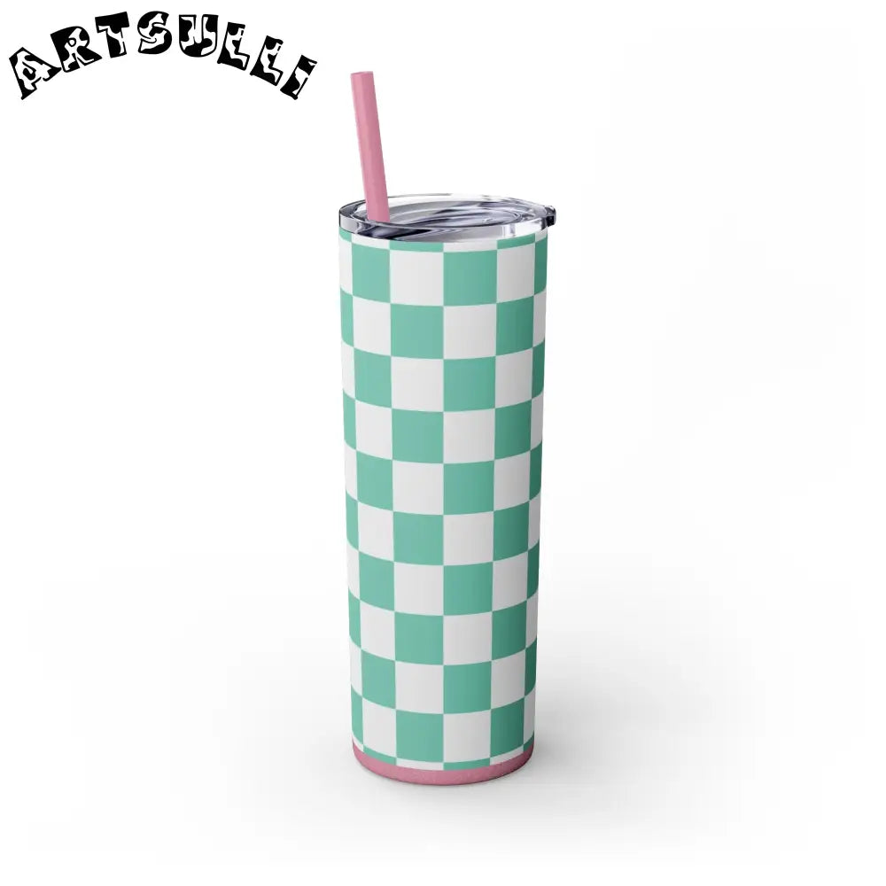 JAKKOUTTHEBXX Checkerboard Light Green Skinny Tumbler with Straw