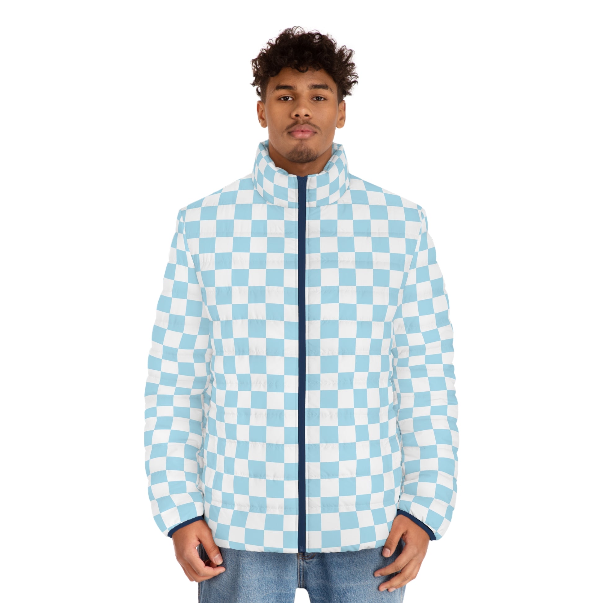 Checkerboard Sky Blue Men's Puffer Jacket (AOP), Artsulli - Art is Long, Life is Short, All Over Prints, , , , , , , 