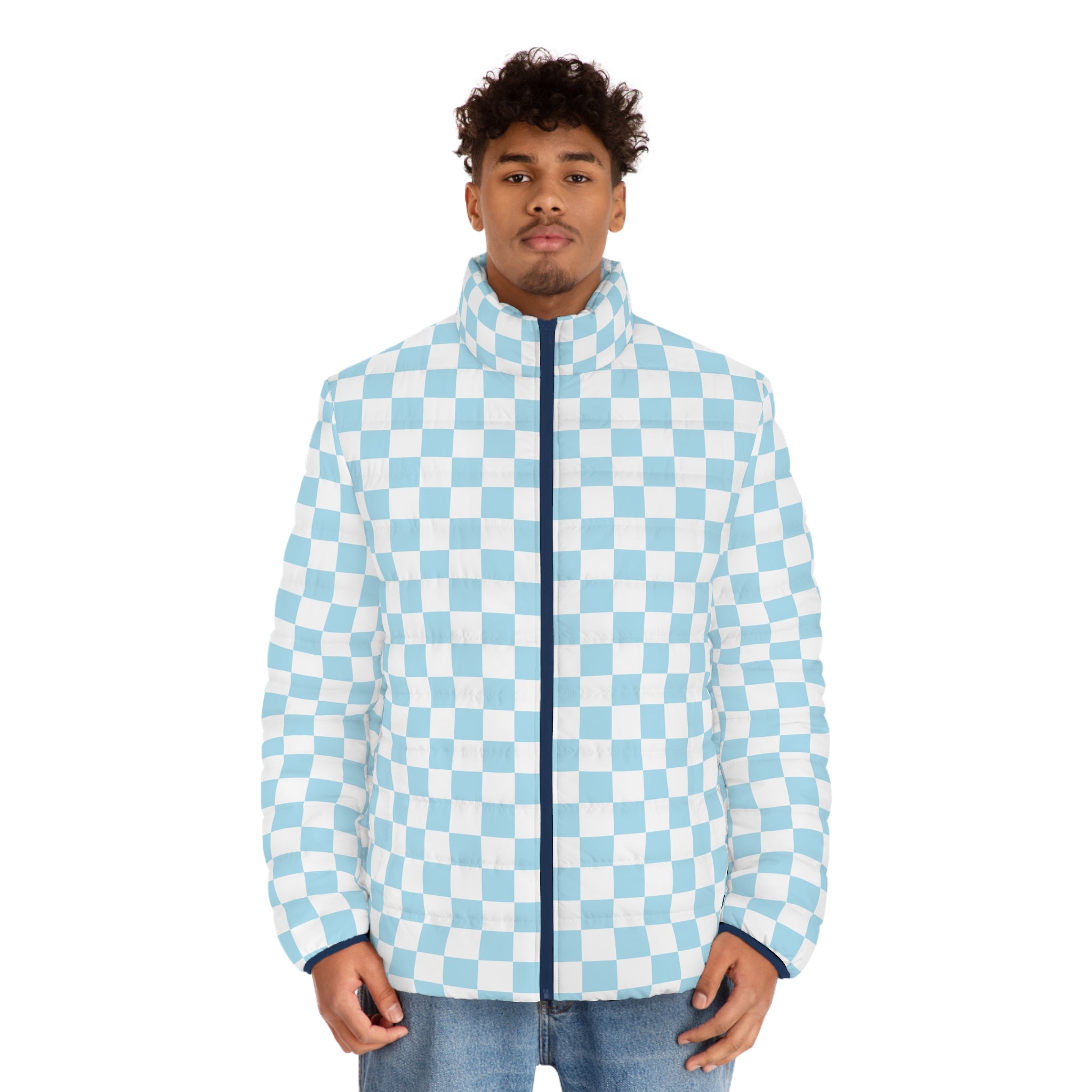 Checkerboard Sky Blue Men's Puffer Jacket (AOP), Artsulli - Art is Long, Life is Short, All Over Prints, , , , , , , 