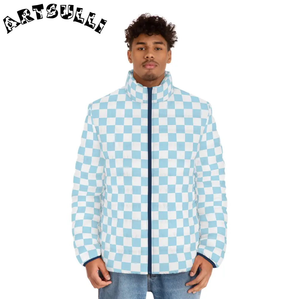JAKKOUTTHEBXX Checkerboard Sky Blue Men’s Puffer Jacket (AOP)