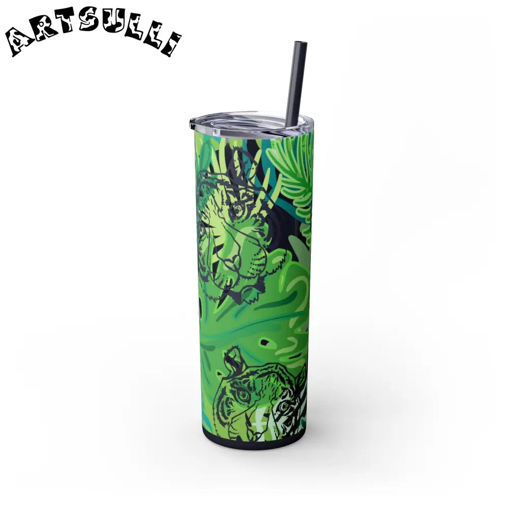 JAKKOUTTHEBXX Tropical Jungle Tigers Green Skinny Tumbler with Straw