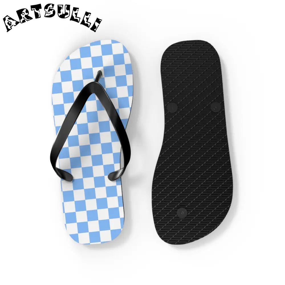 JAKKOUTTHEBXX Checkerboard White and Light Blue Flip Flops