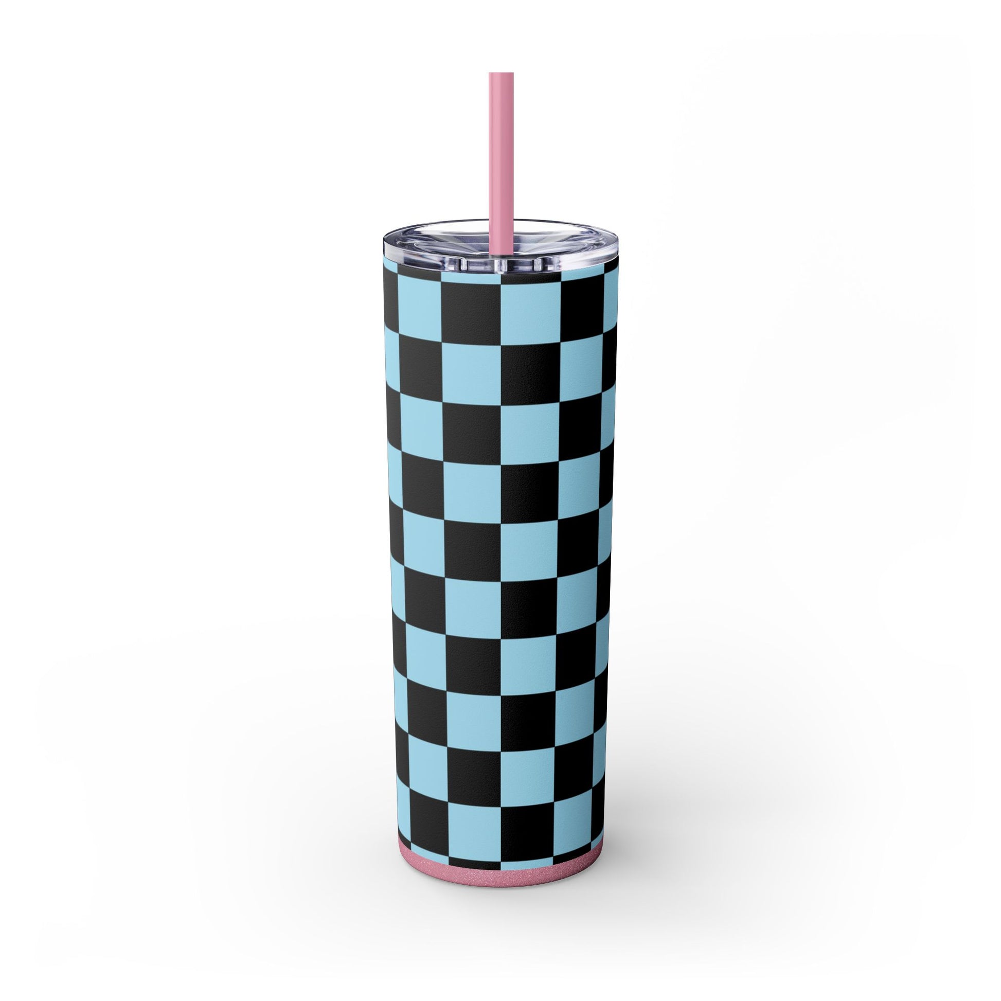Checkerboard Black and Blue Skinny Tumbler with Straw, 20oz, Artsulli - Art is Long, Life is Short, Mug, , , , , , , 