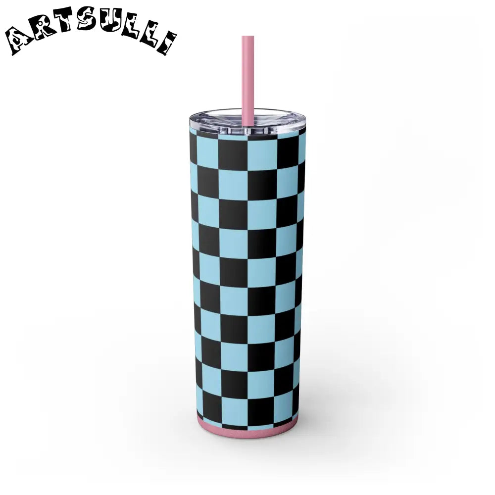 JAKKOUTTHEBXX Checkerboard Black and Blue Skinny Tumbler with Straw
