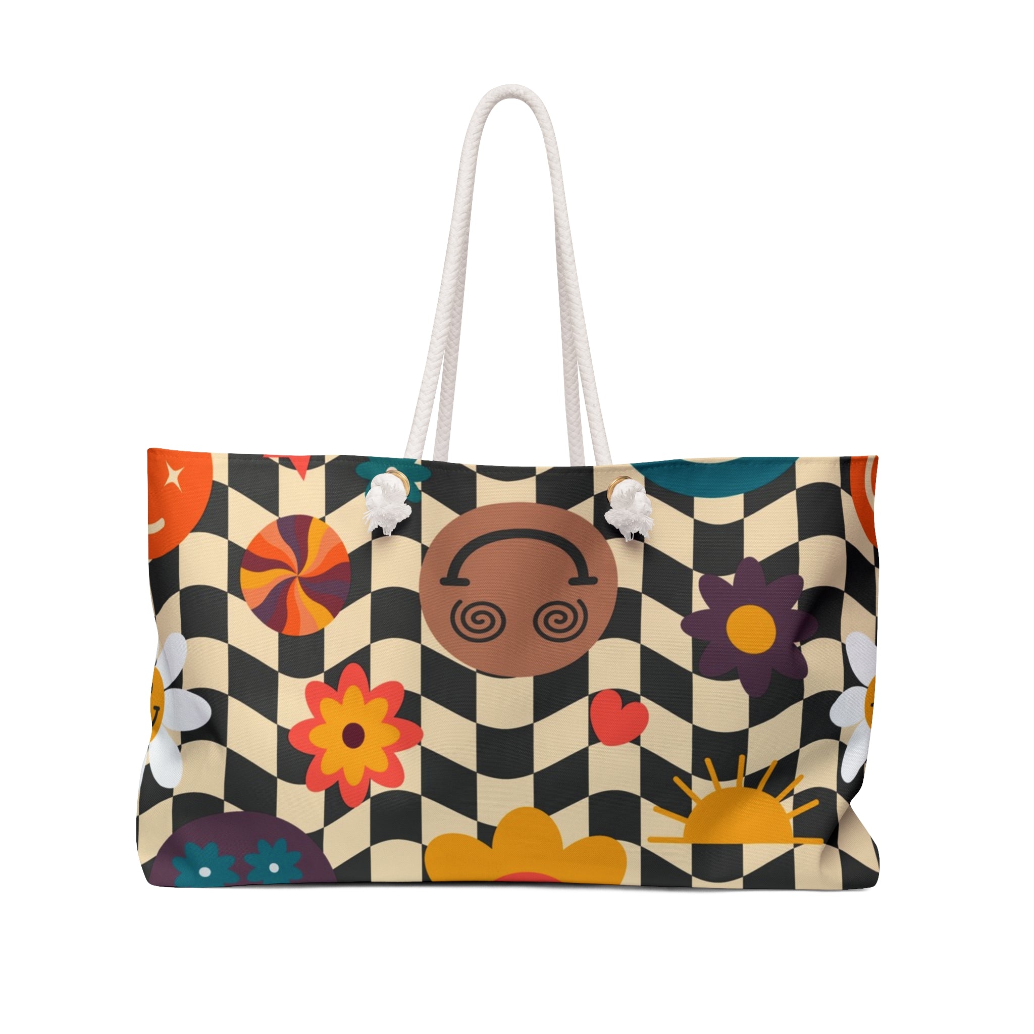 Trippy x Wavy Checkerboard x Smiley Face x Rainbow x Flowers Multi-Color Weekender Bag, Artsulli - Art is Long, Life is Short, Bags, Size, 24" × 13", , , , , 29398279873923190502