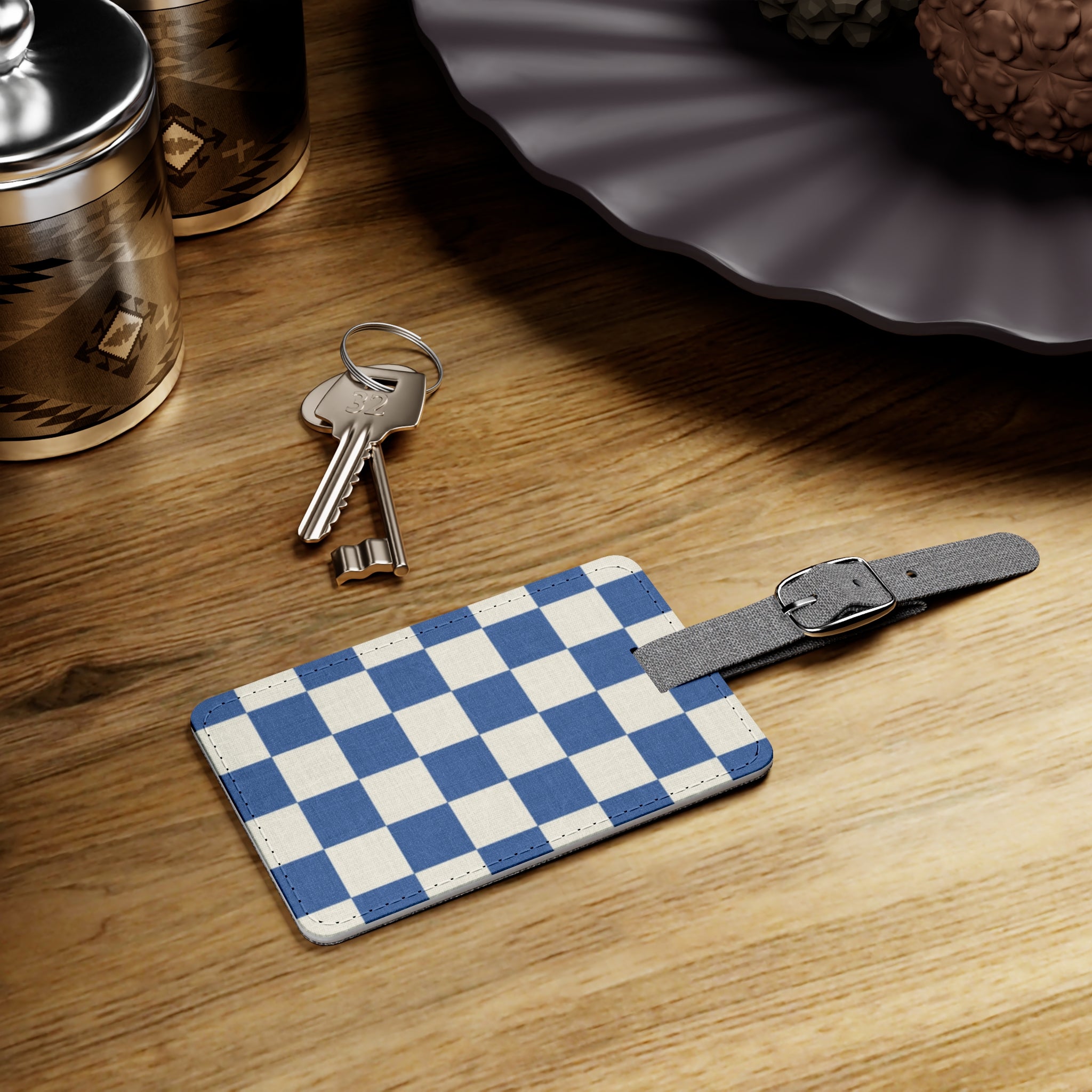 Checkerboard Blue Saffiano Polyester Luggage Tag, Rectangle, Artsulli - Art is Long, Life is Short, Accessories, , , , , , , 