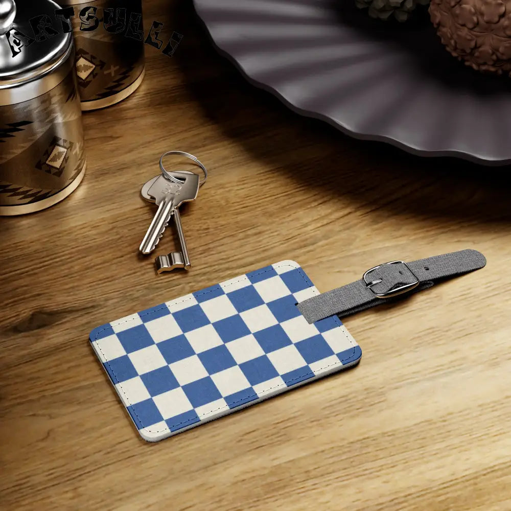 JAKKOUTTHEBXX Checkerboard Blue Saffiano Polyester Luggage Tag