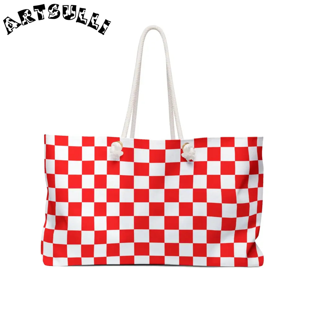 JAKKOUTTHEBXX Checkerboard Red and White Weekender Bag JAKKOUTTHEBXX
