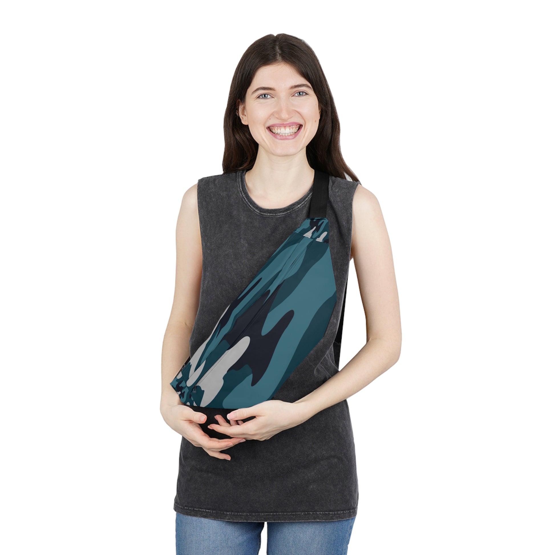 Blue Camouflage Large Fanny Pack, Artsulli - Art is Long, Life is Short, Bags, , , , , , , 