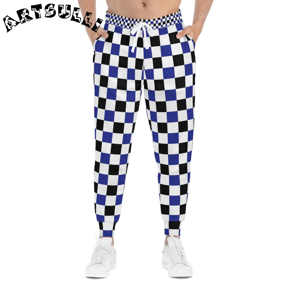 JAKKOUTTHEBXX Checkerboard Blue White and Black Athletic Joggers