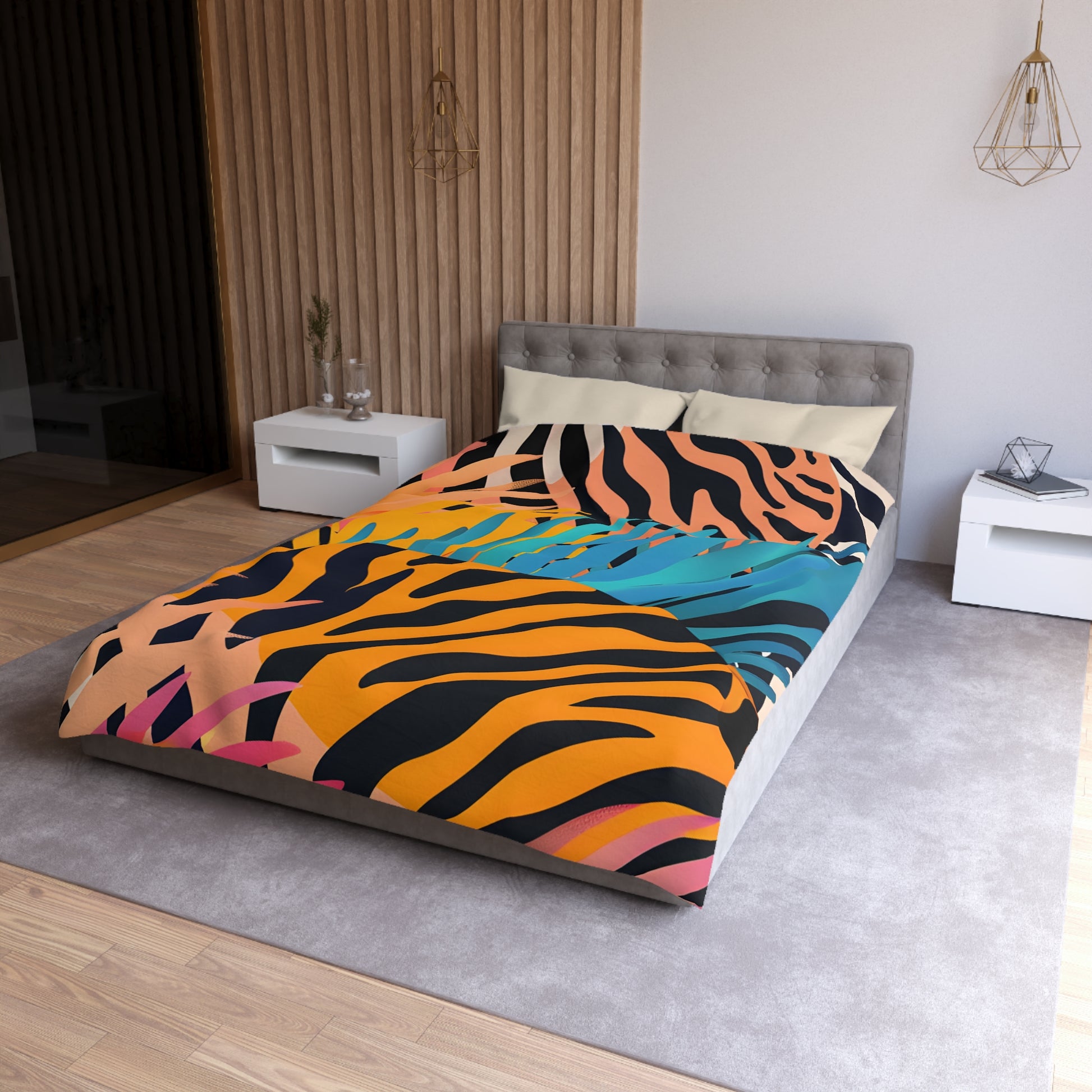 Palm Leaves x Zebra Stripes x  Tiger Stripes Orange and Blue  Microfiber Duvet Cover, Artsulli - Art is Long, Life is Short, Home Decor, , , , , , , 