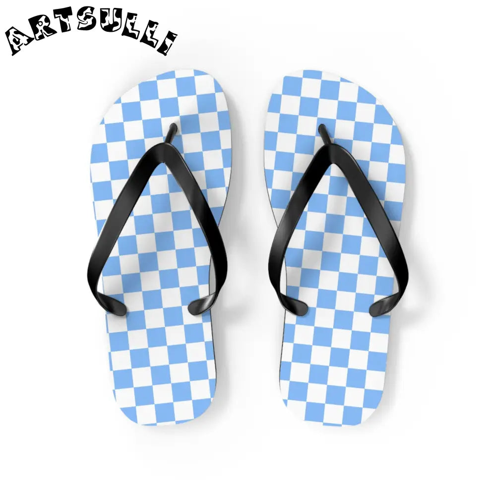 JAKKOUTTHEBXX Checkerboard White and Light Blue Flip Flops