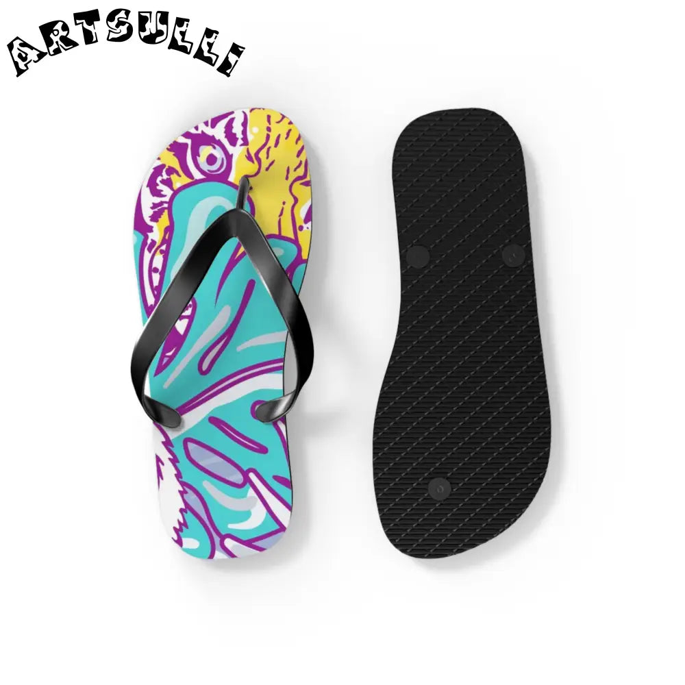 JAKKOUTTHEBXX Tropical Floral Tigers Torquise and Purple Flip Flops