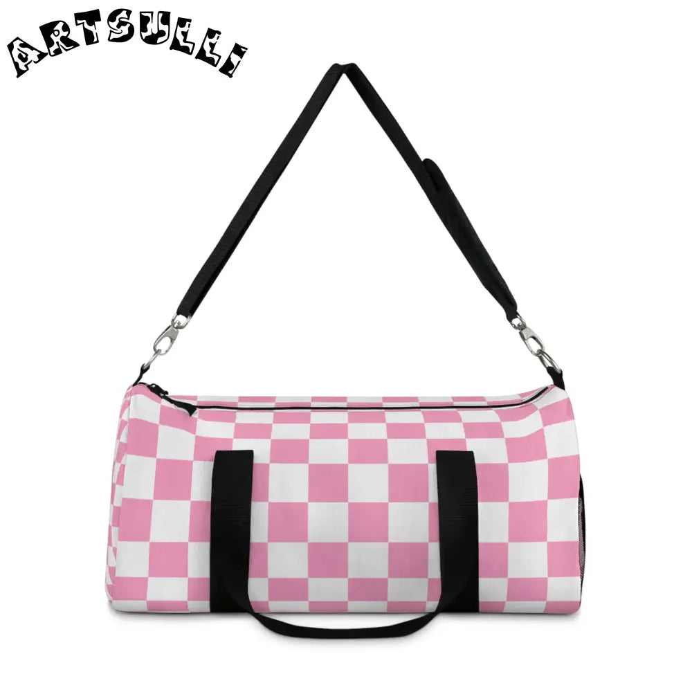 JAKKOUTTHEBXX Checkerboard Hot Pink and White Duffel Bag