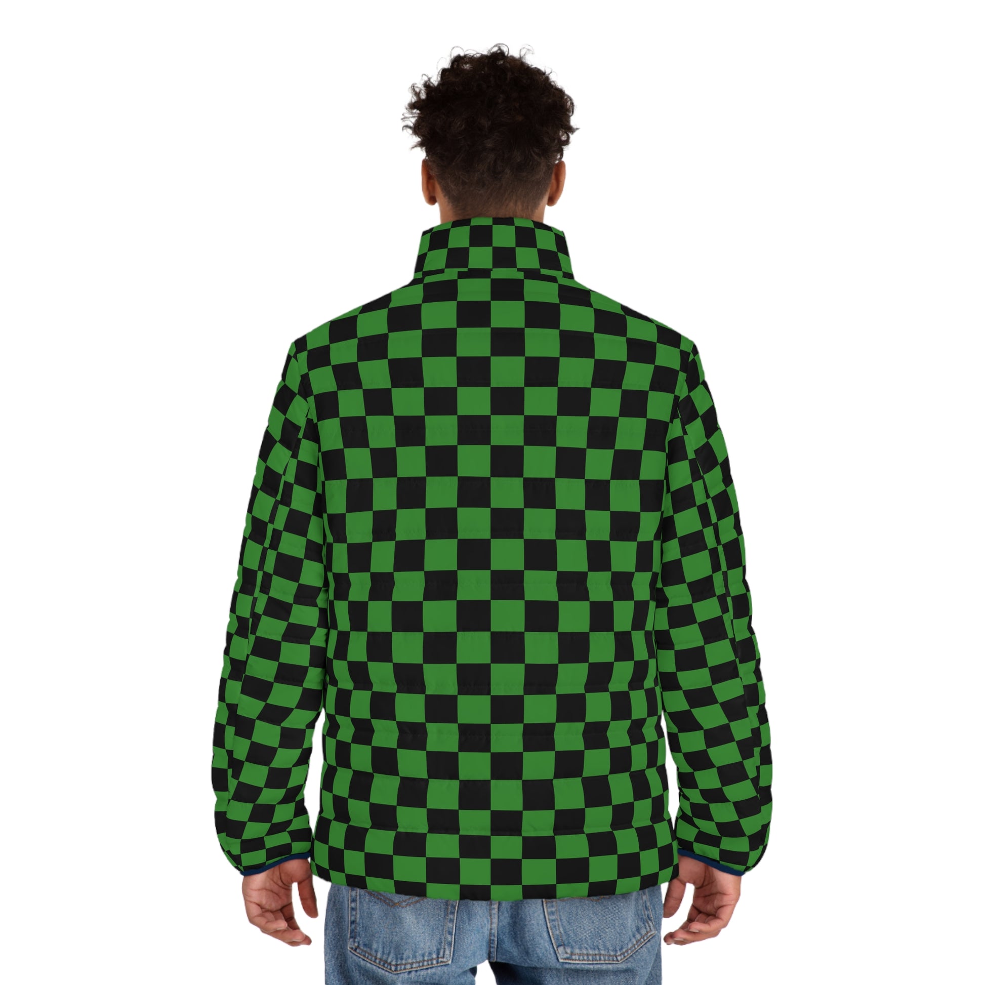 Checkerboard Green and Black Men's Puffer Jacket (AOP), Artsulli - Art is Long, Life is Short, All Over Prints, , , , , , , 