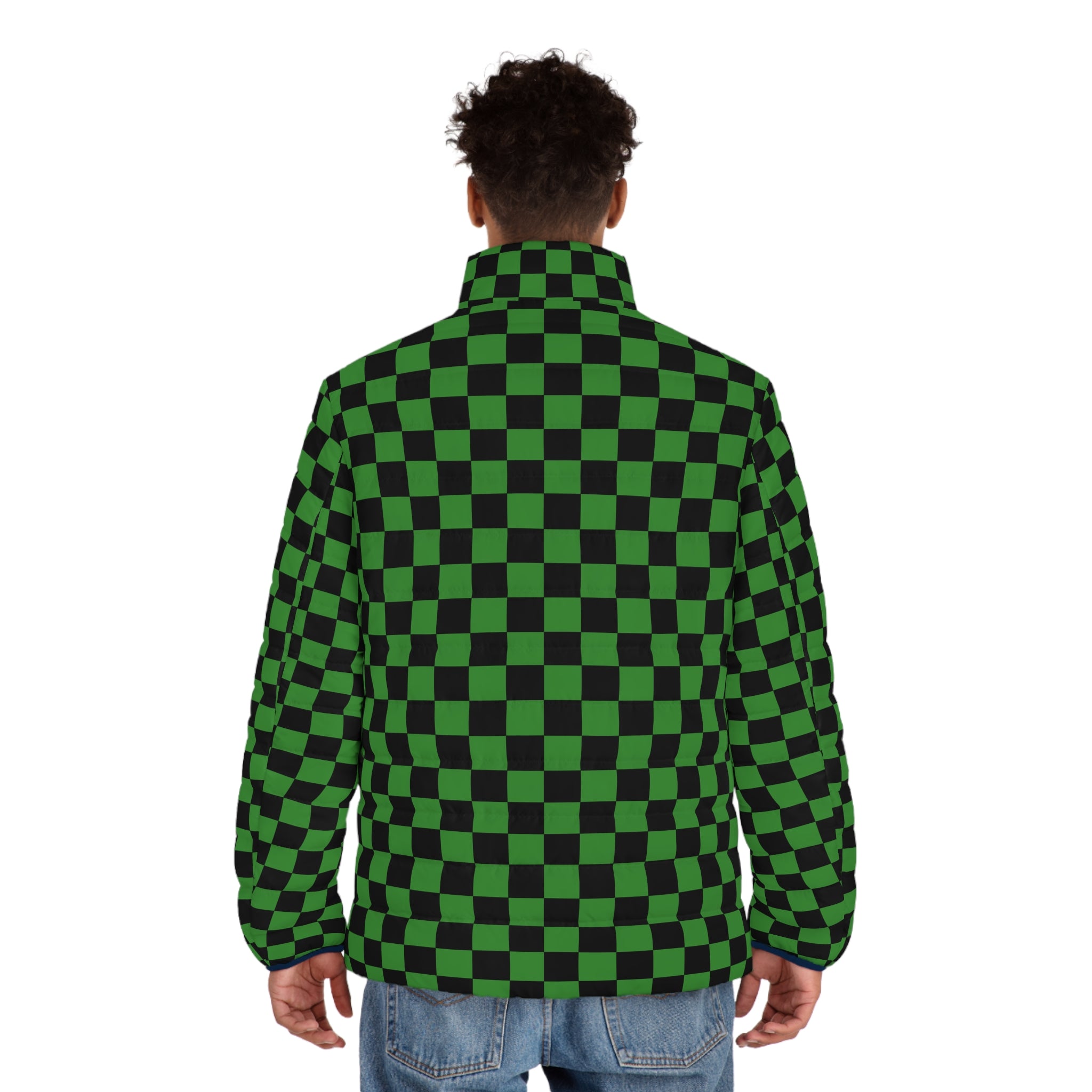 Checkerboard Green and Black Men's Puffer Jacket (AOP), Artsulli - Art is Long, Life is Short, All Over Prints, , , , , , , 