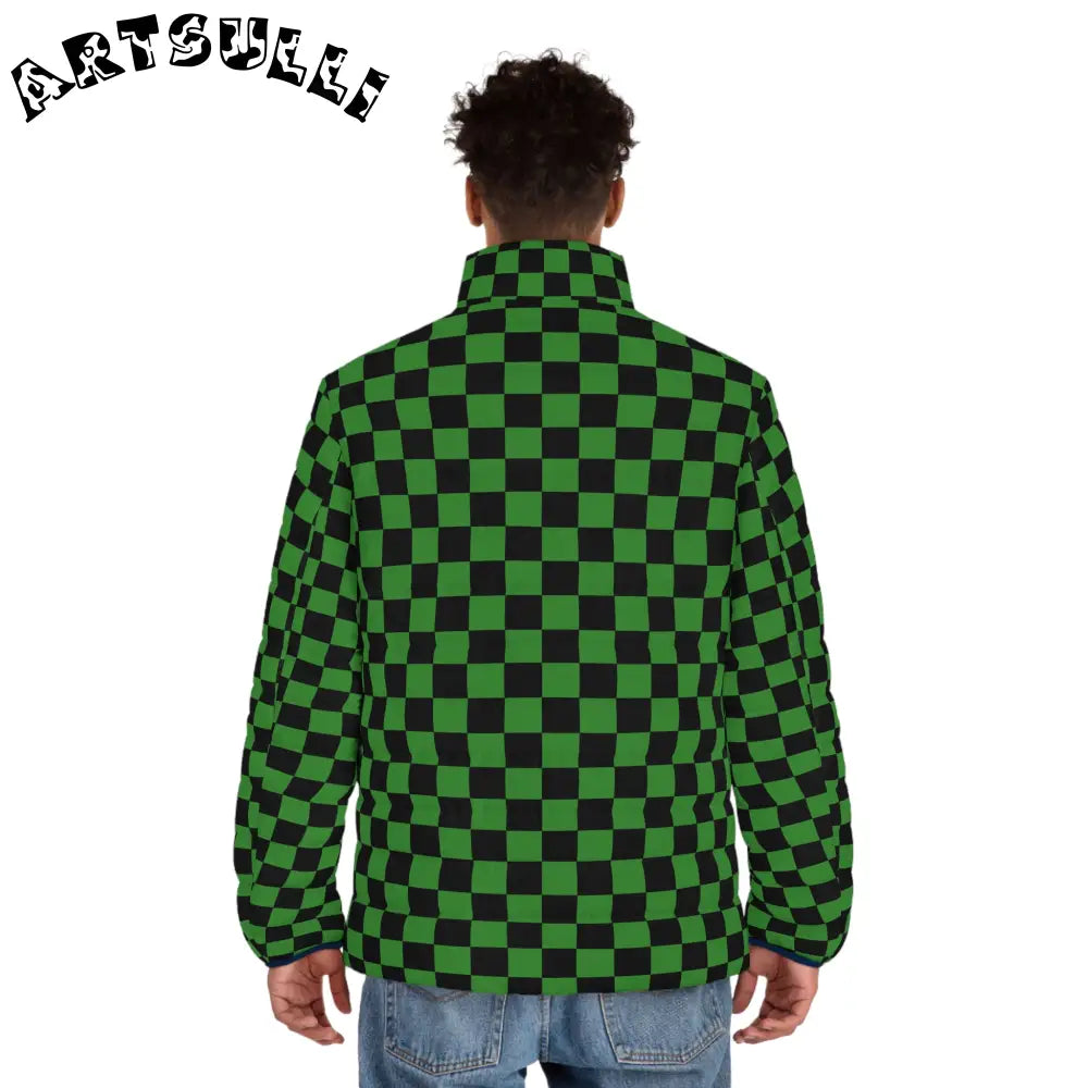 JAKKOUTTHEBXX Checkerboard Green and Black Men’s Puffer Jacket (AOP)