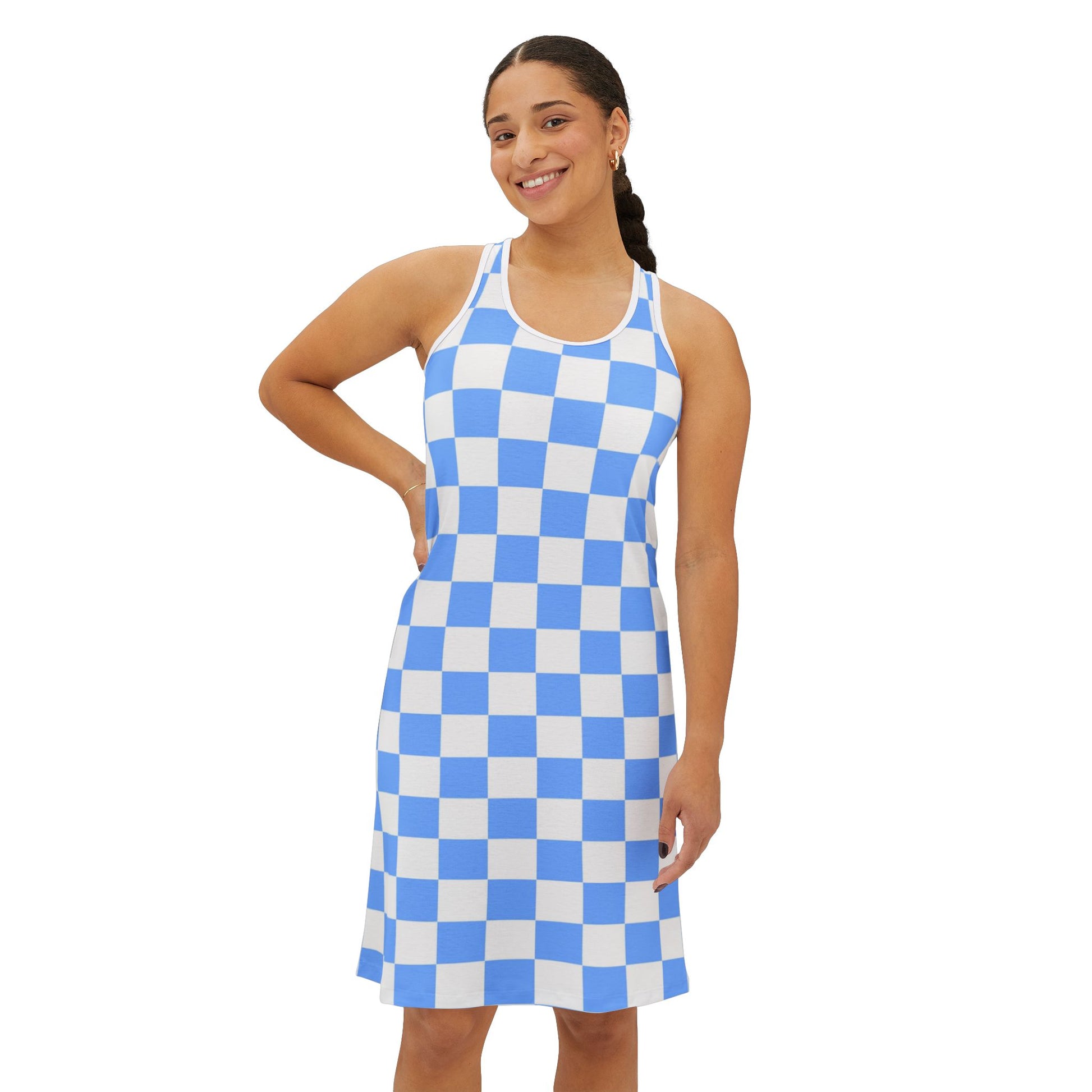 Checkerboard White and Light Blue Women's Racerback Dress (AOP), Artsulli - Art is Long, Life is Short, Tank Top, , , , , , , 
