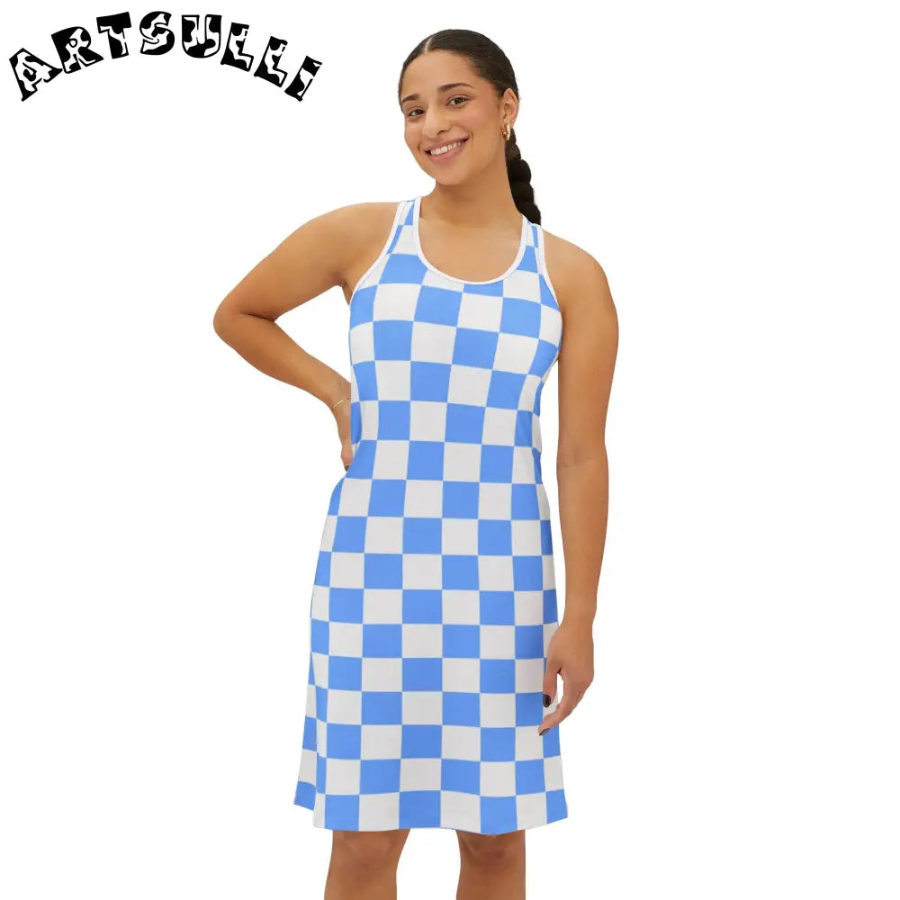 JAKKOUTTHEBXX Checkerboard White and Light Blue Women’s Racerback
