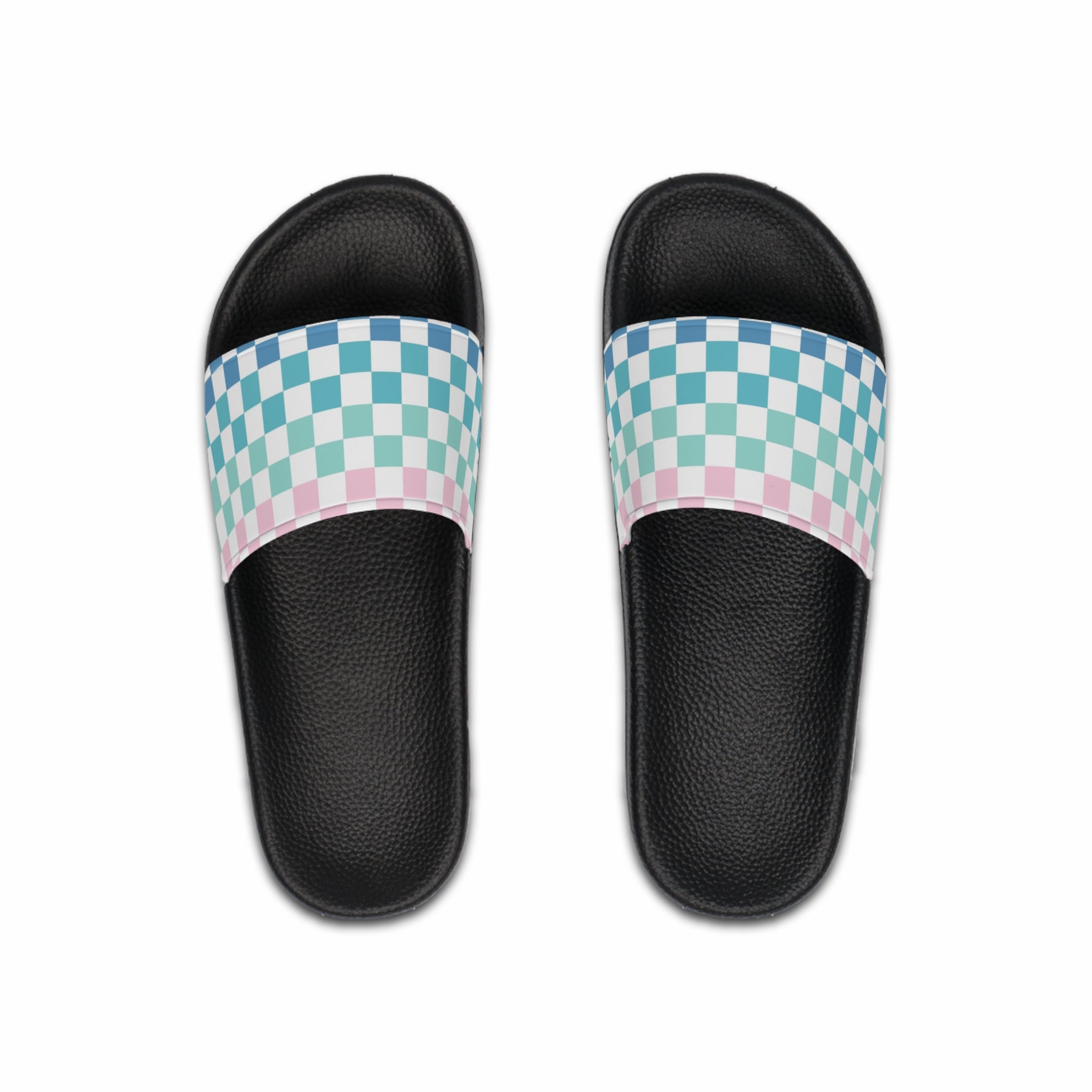 Vaporwave Rainbow  Checkerboard Multi-Color Men's Slide Sandals, Artsulli - Art is Long, Life is Short, Shoes, Color, Black sole, Size, US 6, , , 14171566541550857323